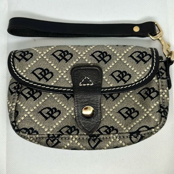 Dooney & Bourke Black Leather Gray Canvas Flap Wristlet Wallet Signature Logo - Picture 1 of 6